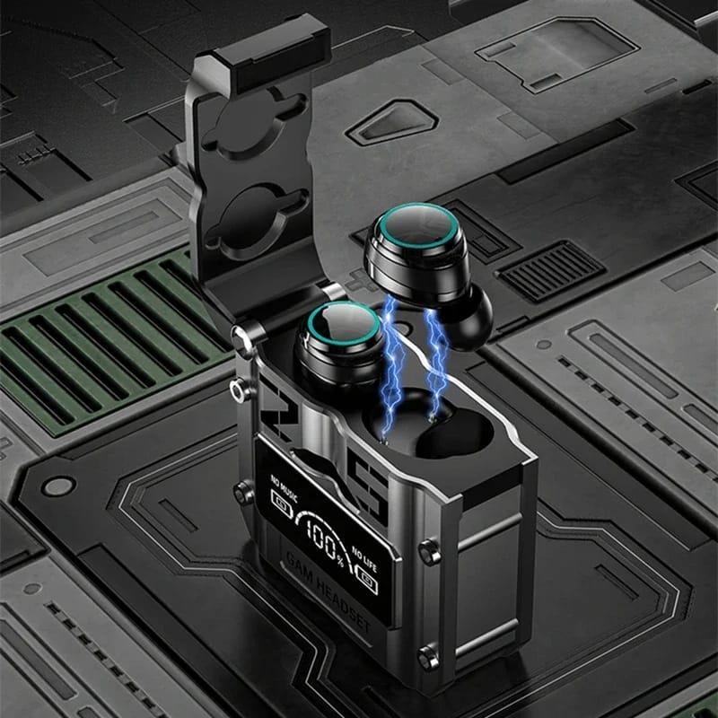 Rugged gaming earbuds with LED display case, dual earbuds, and RGB lights – perfect for PUBG and mobile gaming"