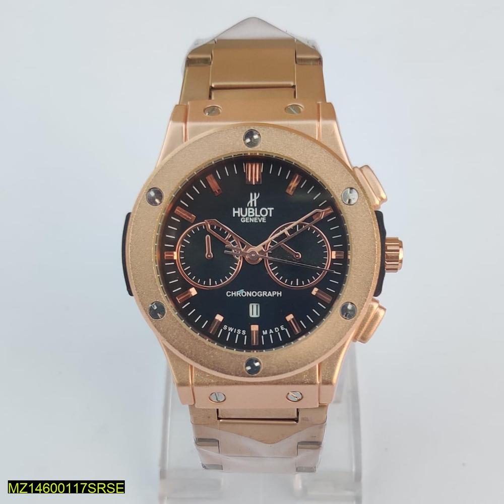 Hublot-style rose gold chronograph men's watch with black dial and full metal strap – premium luxury wristwatch in Pakistan 2025