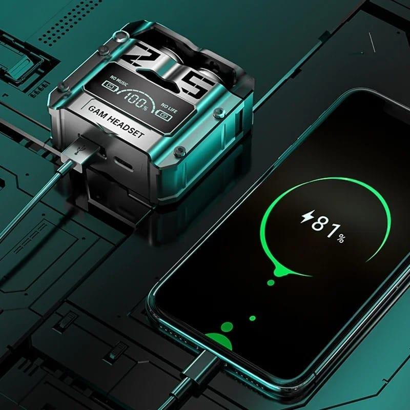 Gaming headset connected to a smartphone with a charging indicator on a dark background