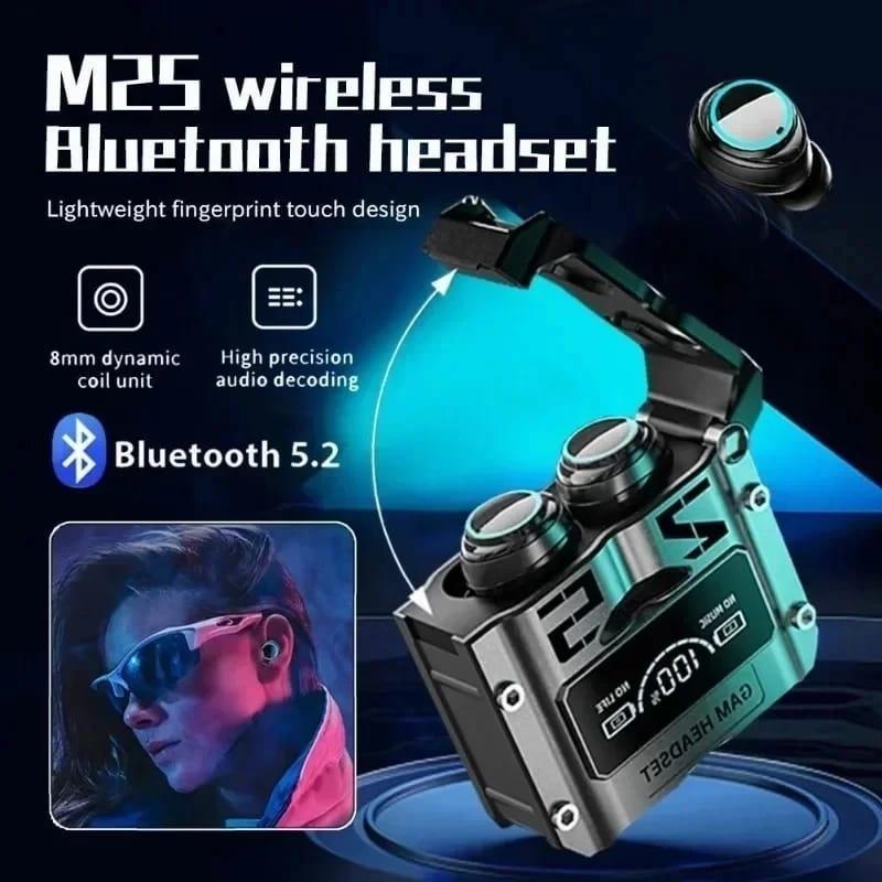 M25 wireless Bluetooth headset with charging case on a dark background