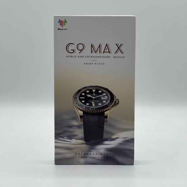 G9 MAX smart watch packaging with a black watch on a gray background