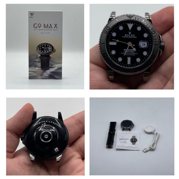 Collage of a black watch with silver accents, packaging, and accessories on a light gray background.