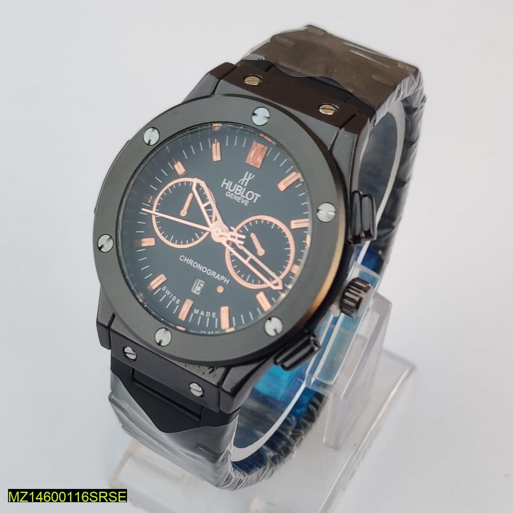 Hublot watch on a clear stand with a light gray background