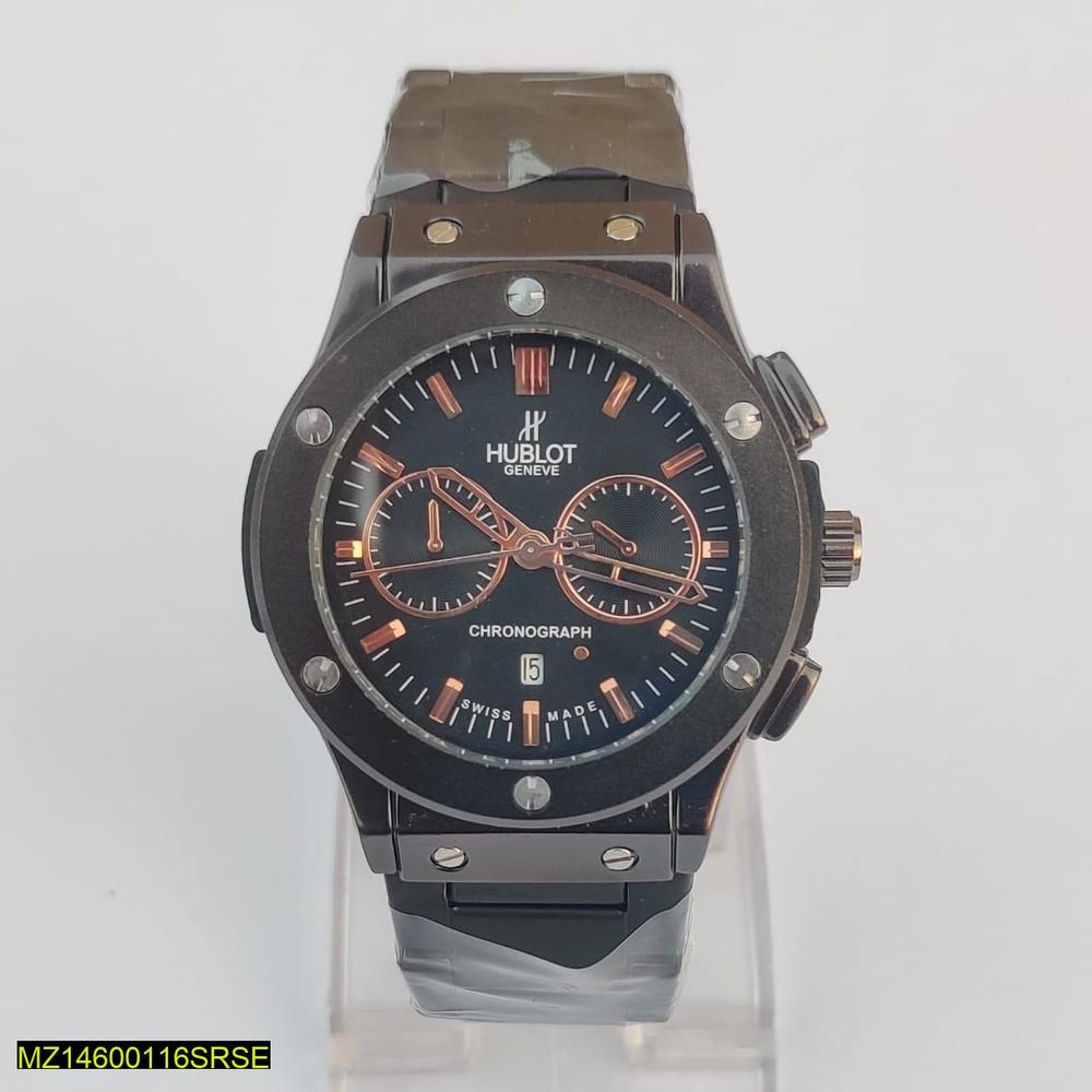 Hublot watch on a clear stand with a light gray background