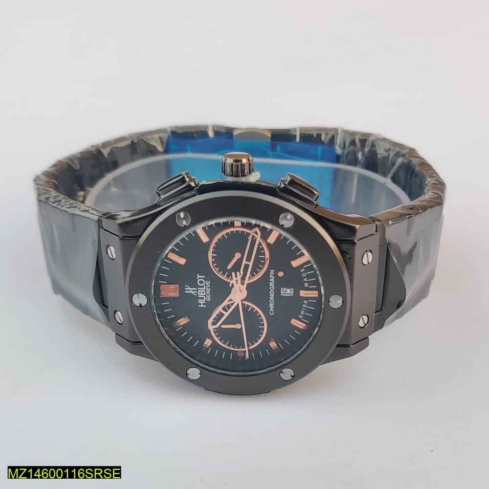 Hublot watch with black dial and silver case on a white background