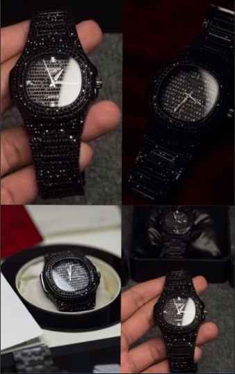 Black diamond-encrusted watch shown from multiple angles.