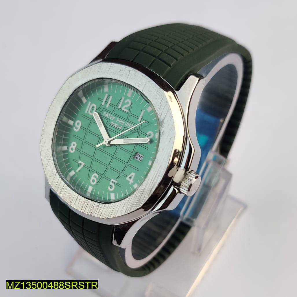 Green watch with a black strap on a white background