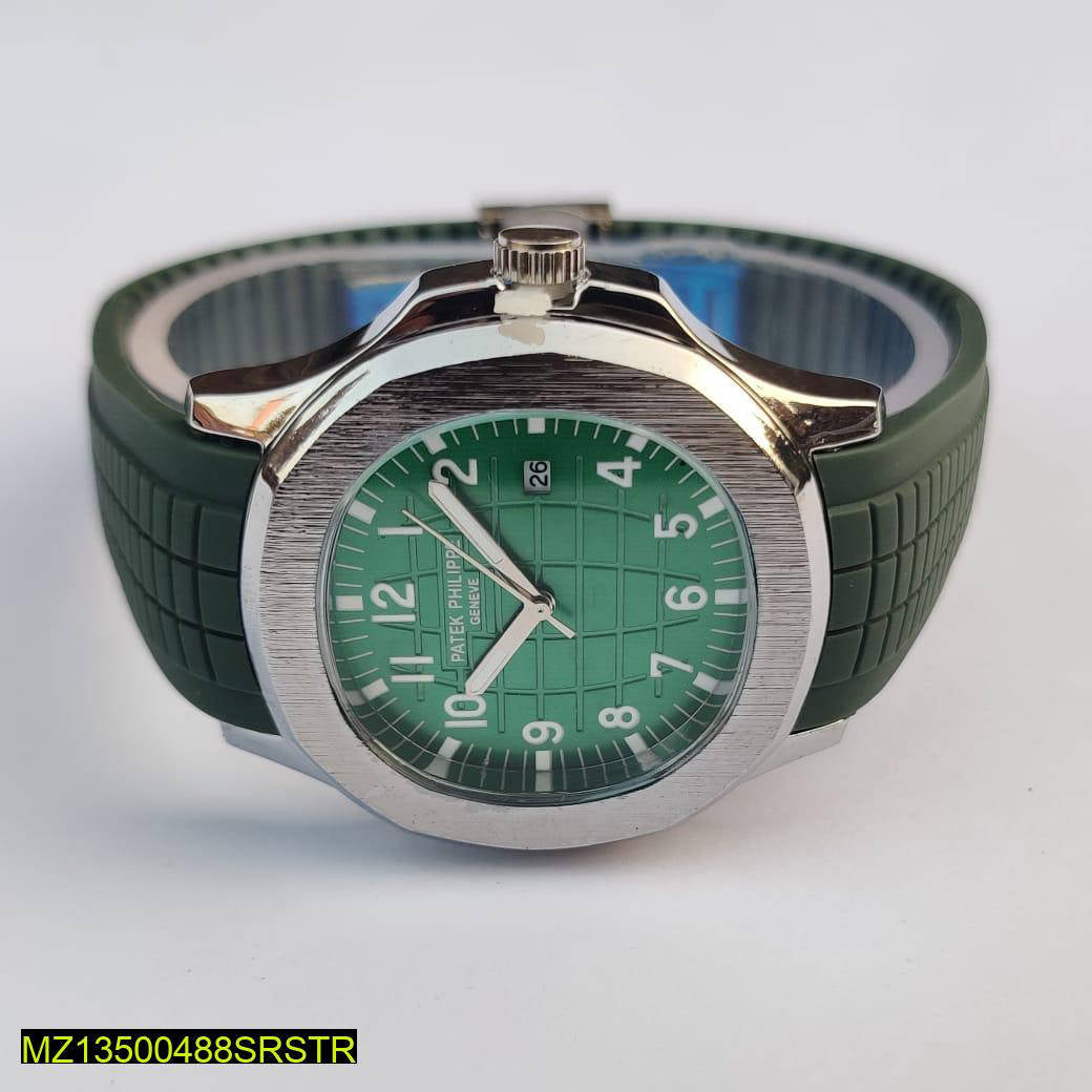 Green watch with silver case on a white background
