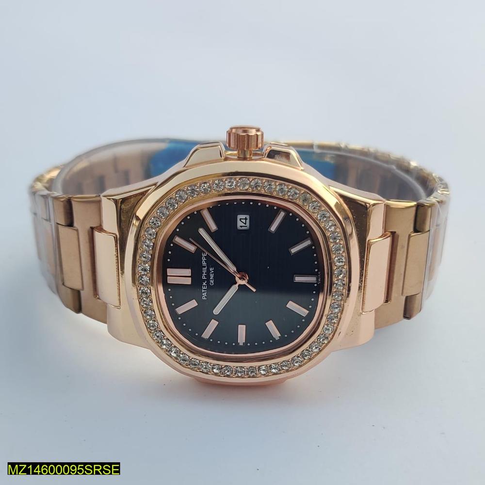 Rose gold watch with black dial on a light gray background